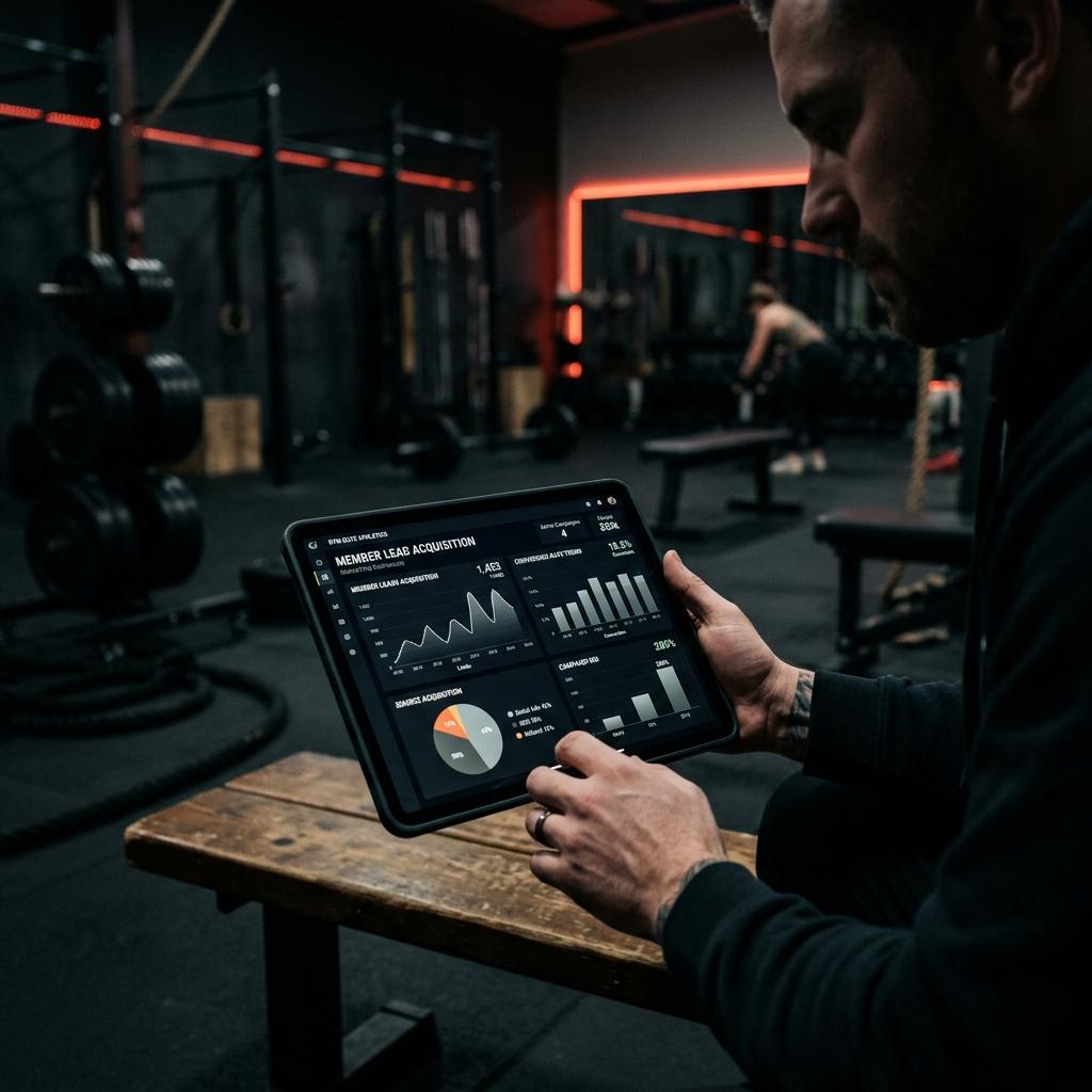 Tablet displaying digital marketing campaign dashboard with lead acquisition graphs